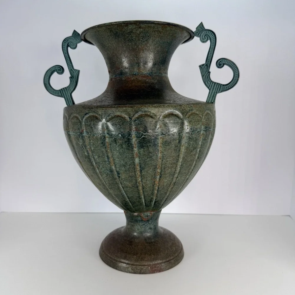 Bronze Tone Metal Urn Jardiniere Vase Handles Pedestal VTG Neoclassical Style‎